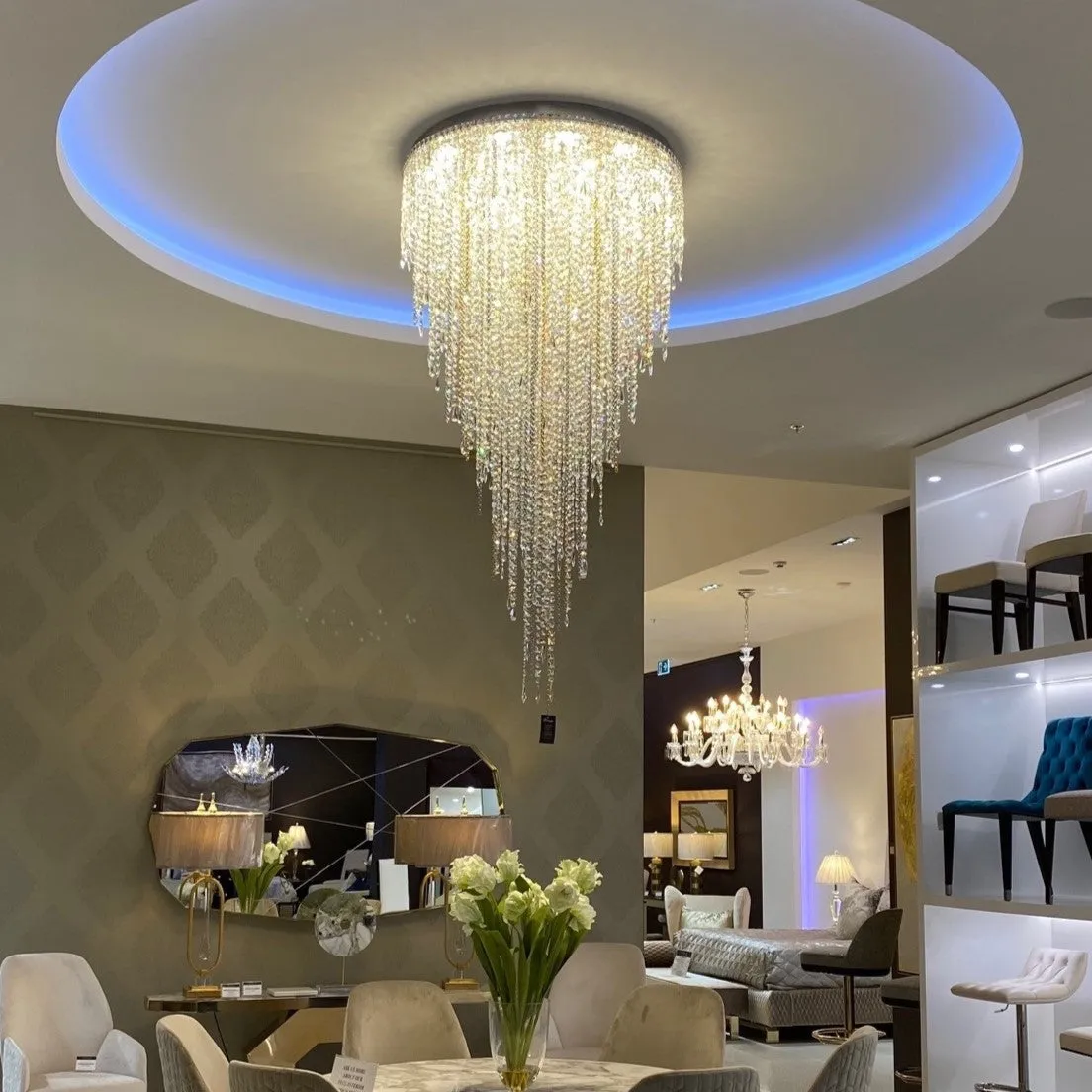 Modern Luxury Flush Mount Crystal Tassel Chandelier for Staircase/Living Room