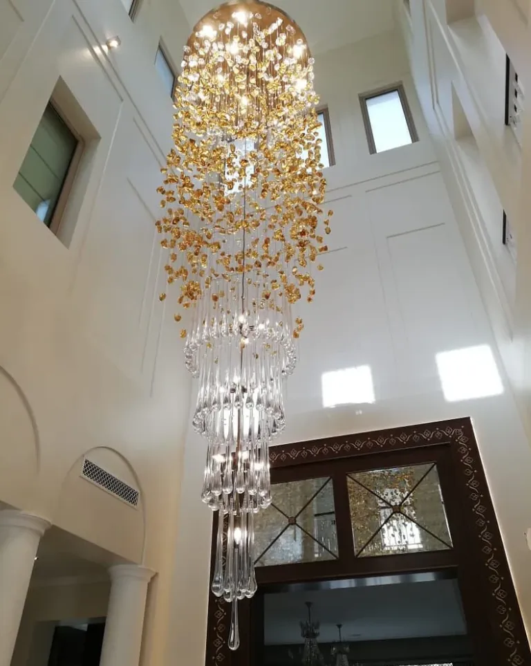 Modern Waterfall Glass Gem Stone&Teardrop Chandelier With Round Canopy for Villa/Hotel/Entryway/Living Room