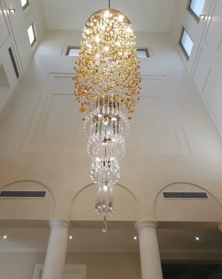 Modern Waterfall Glass Gem Stone&Teardrop Chandelier With Round Canopy for Villa/Hotel/Entryway/Living Room