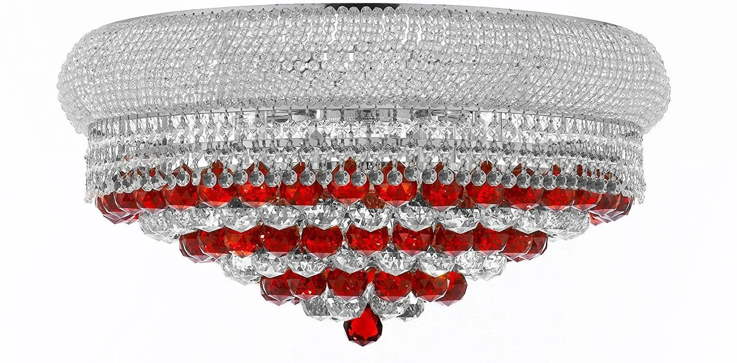 Moroccan Style French Empire Flush Crystal Chandeliers H15" X W24" Dressed with Ruby Red Crystal Balls - Good for Dining Room, Foyer, Entryway, Family Room and More - F93-B96/FLUSH/CS/542/15