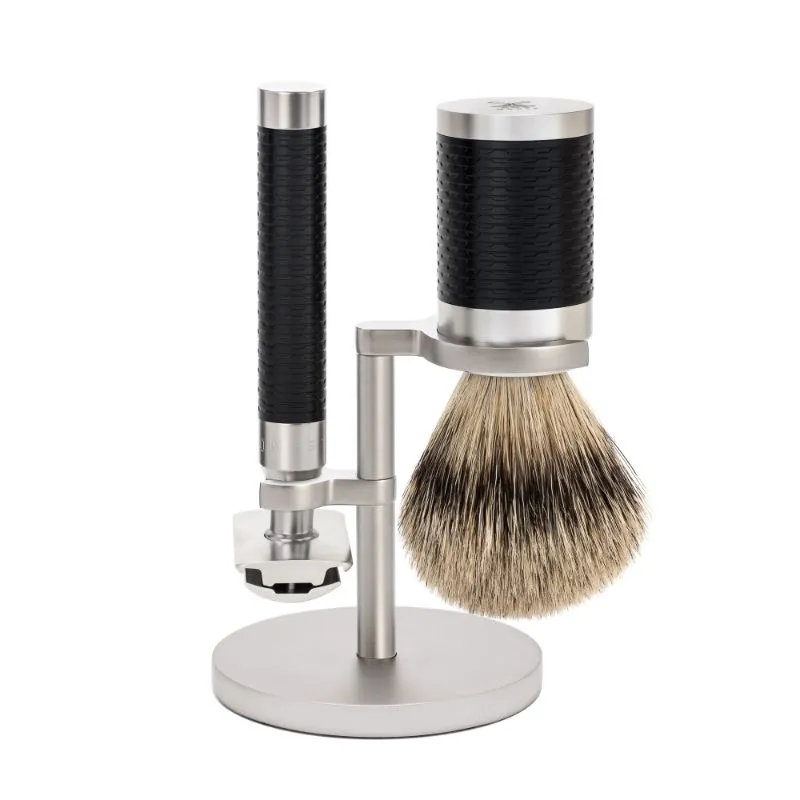 MUHLE Rocca, Stainless Steel Black, Shaving Set - Safety Razor, Silvertip Badger Shaving Brush