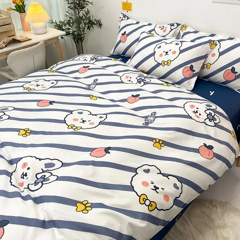 Navy White Striped Bear Peach Bedding Set