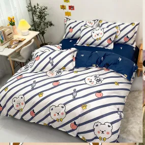 Navy White Striped Bear Peach Bedding Set