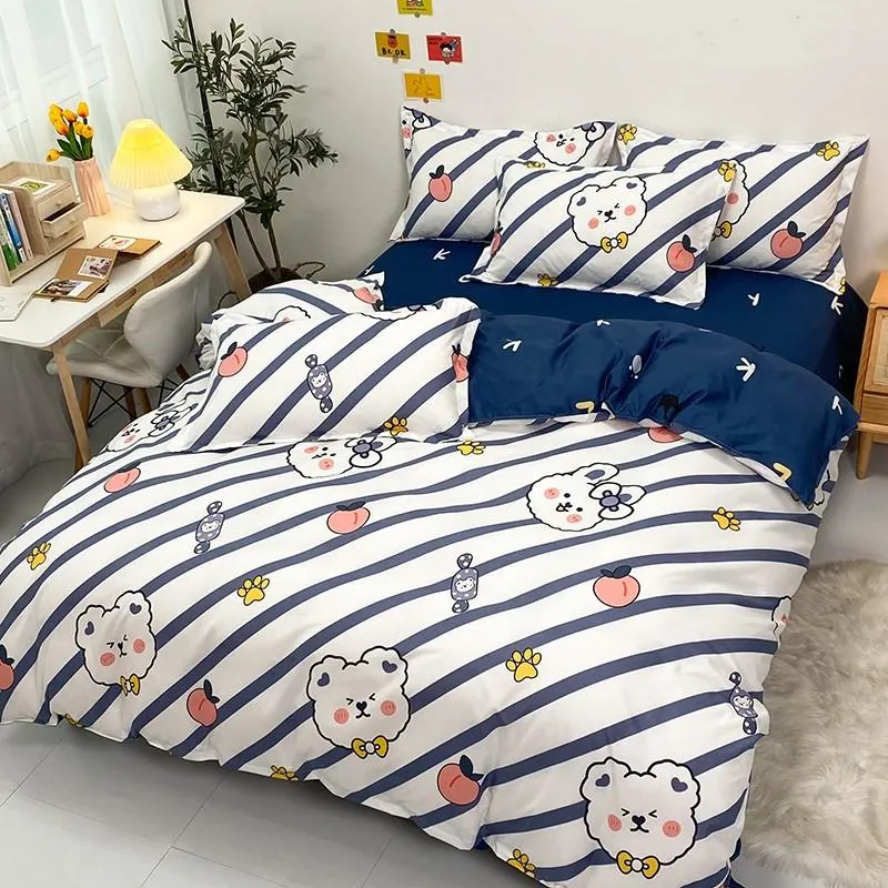 Navy White Striped Bear Peach Bedding Set