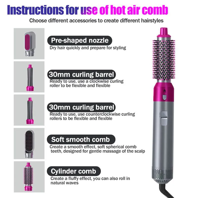 NEW 5 in 1 Interchangeable Hot Air Brush & Hair Dryer