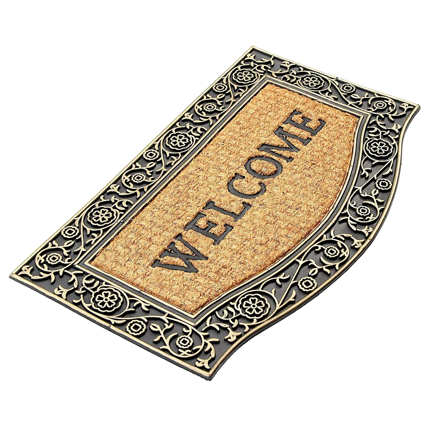 OnlyMat Coir and Rubber Elegant Cast Iron Border Design with Printed Welcome Entrance Doormat