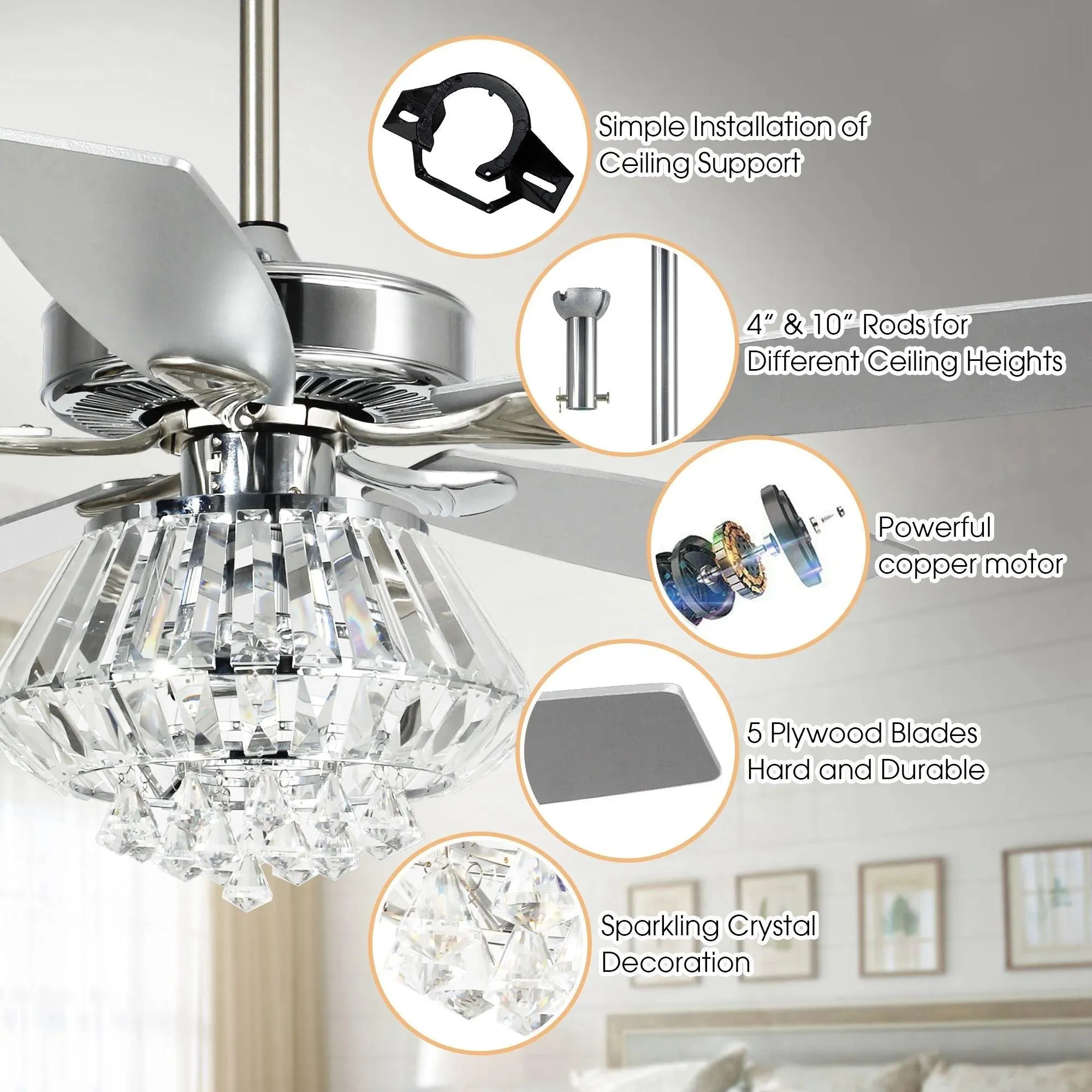 Parrot Uncle 52" Kerala Crystal Ceiling Fan with Lighting and Remote Control New