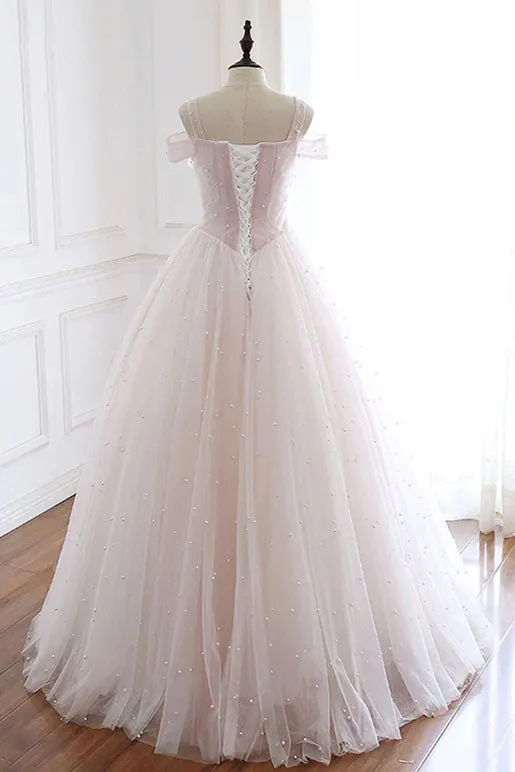 Pearl Pink Straps A Line Tulle Long Prom Dress with Pearls, Long Formal Gown UQP0128