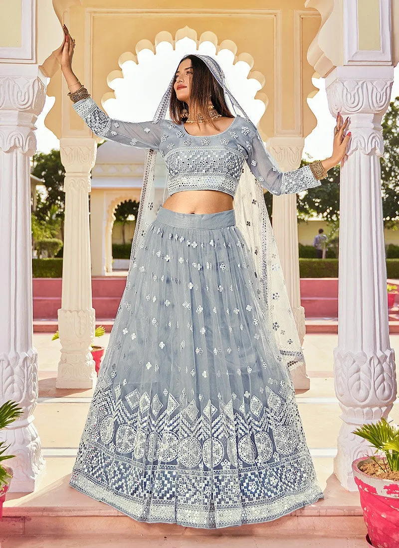 Pigeon Grey Mirror Embellished Wedding Lehenga Choli