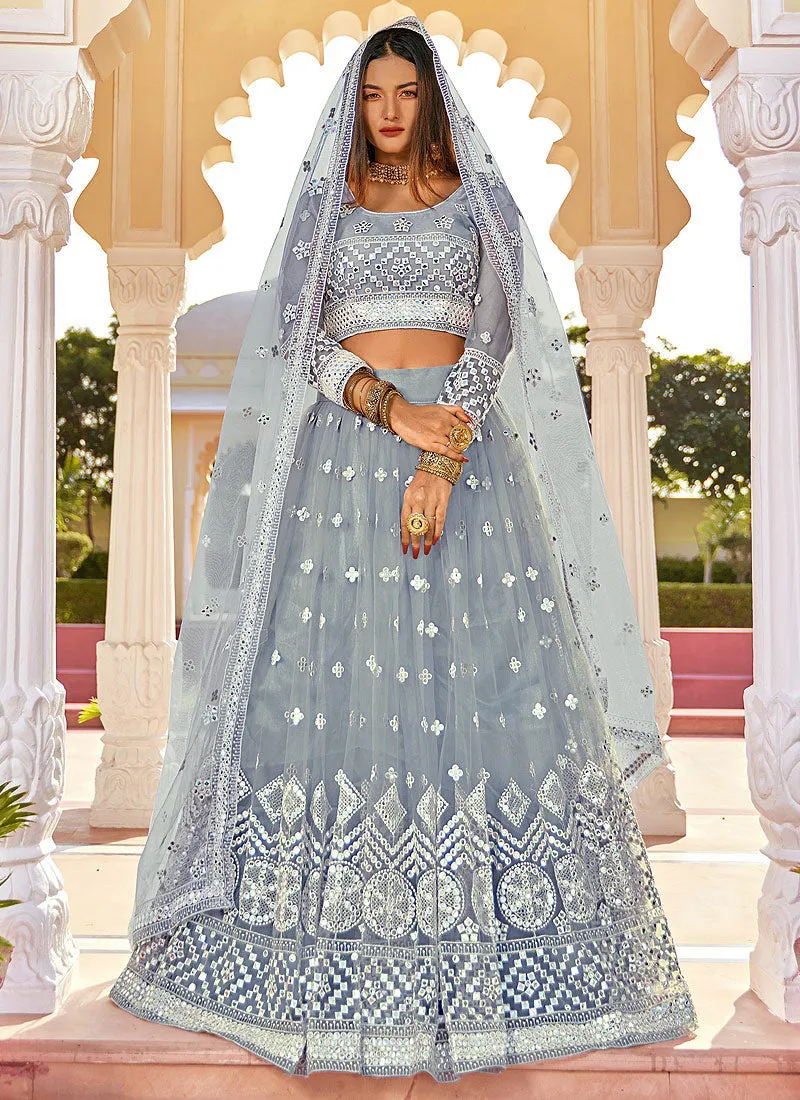 Pigeon Grey Mirror Embellished Wedding Lehenga Choli