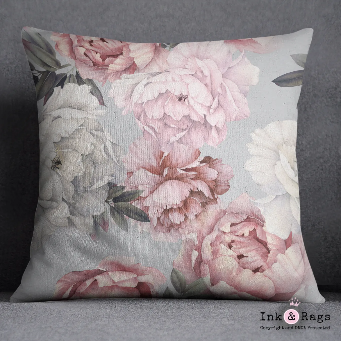 Pink and Grey Watercolor Peony Decorative Throw and Pillow Cover Set