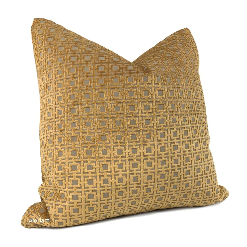 Quattro Amber Gold Geometric Square Lattice Cut Velvet Pillow Cover