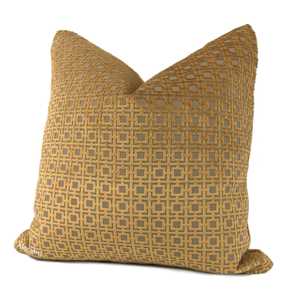 Quattro Amber Gold Geometric Square Lattice Cut Velvet Pillow Cover