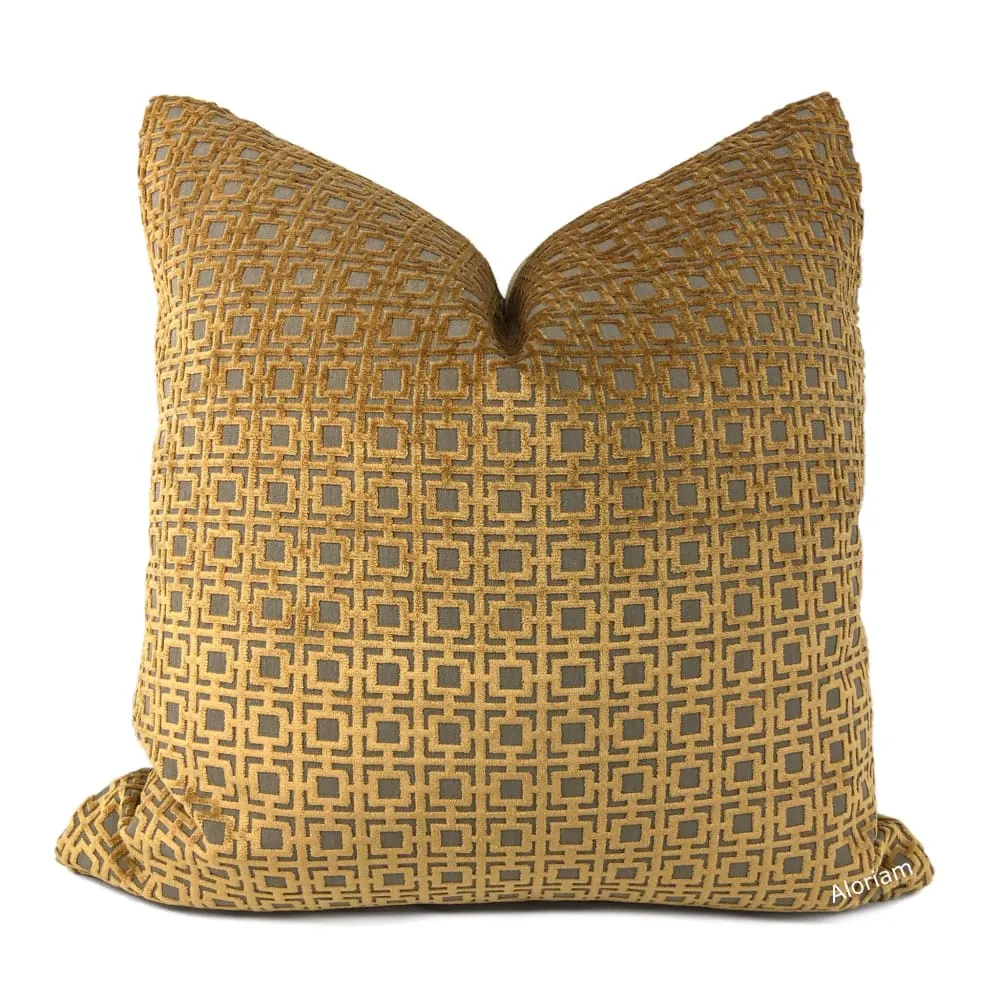 Quattro Amber Gold Geometric Square Lattice Cut Velvet Pillow Cover