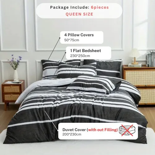 Queen size 6 pieces, Black Stripe Design Bedding set.