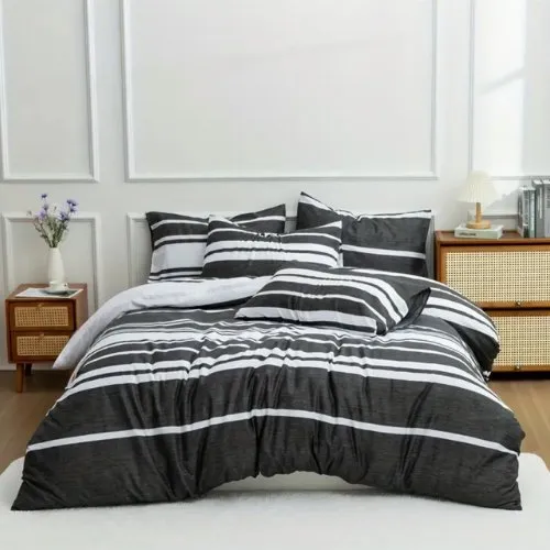 Queen size 6 pieces, Black Stripe Design Bedding set.