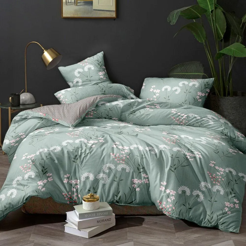 Quilt Cover Set Queen Bed Doona Duvet Reversible Sets Flower Pattern Green