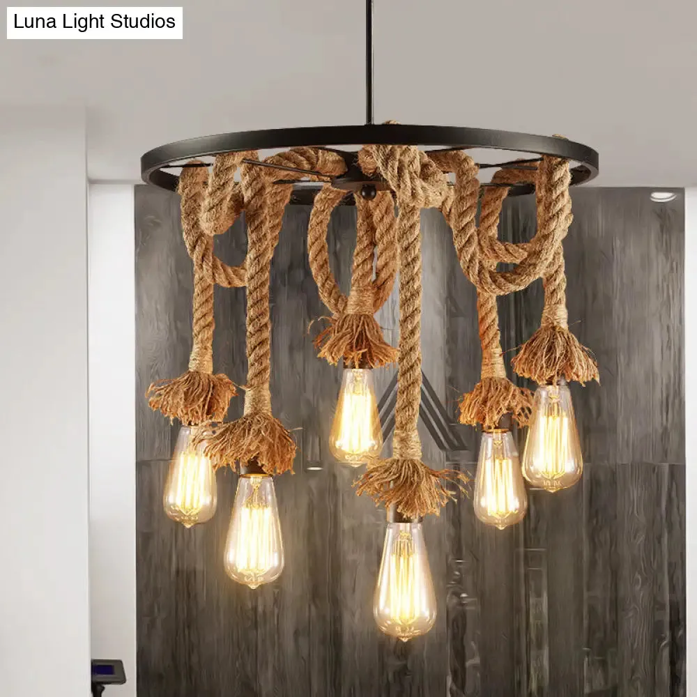 Retro Style 6-Light Wheel Metal Hanging Lamp with Adjustable Rope, Brown Finish - Perfect for Hallway Ceiling