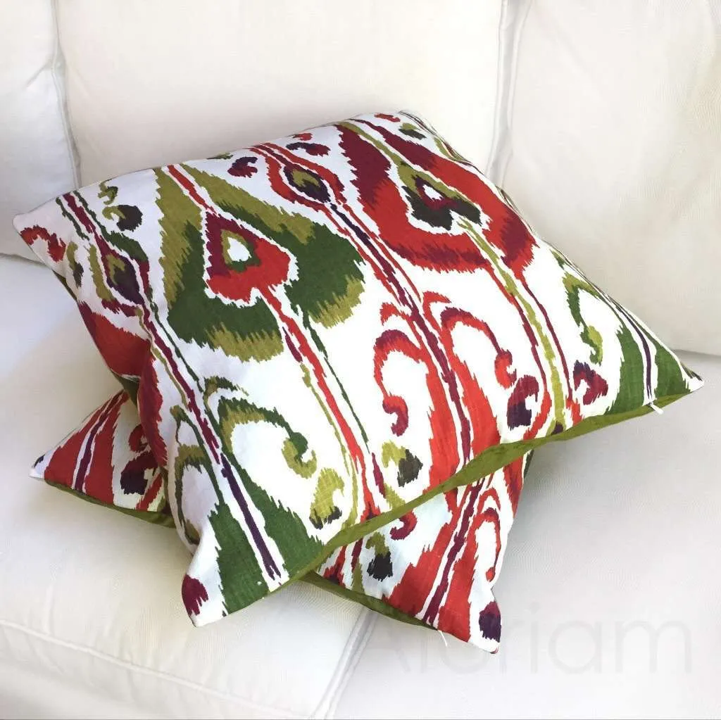 Robert Allen Ikat Bands Green Red Ivory Decorative Throw Pillow Cushion Cover