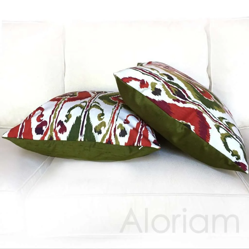 Robert Allen Ikat Bands Green Red Ivory Decorative Throw Pillow Cushion Cover