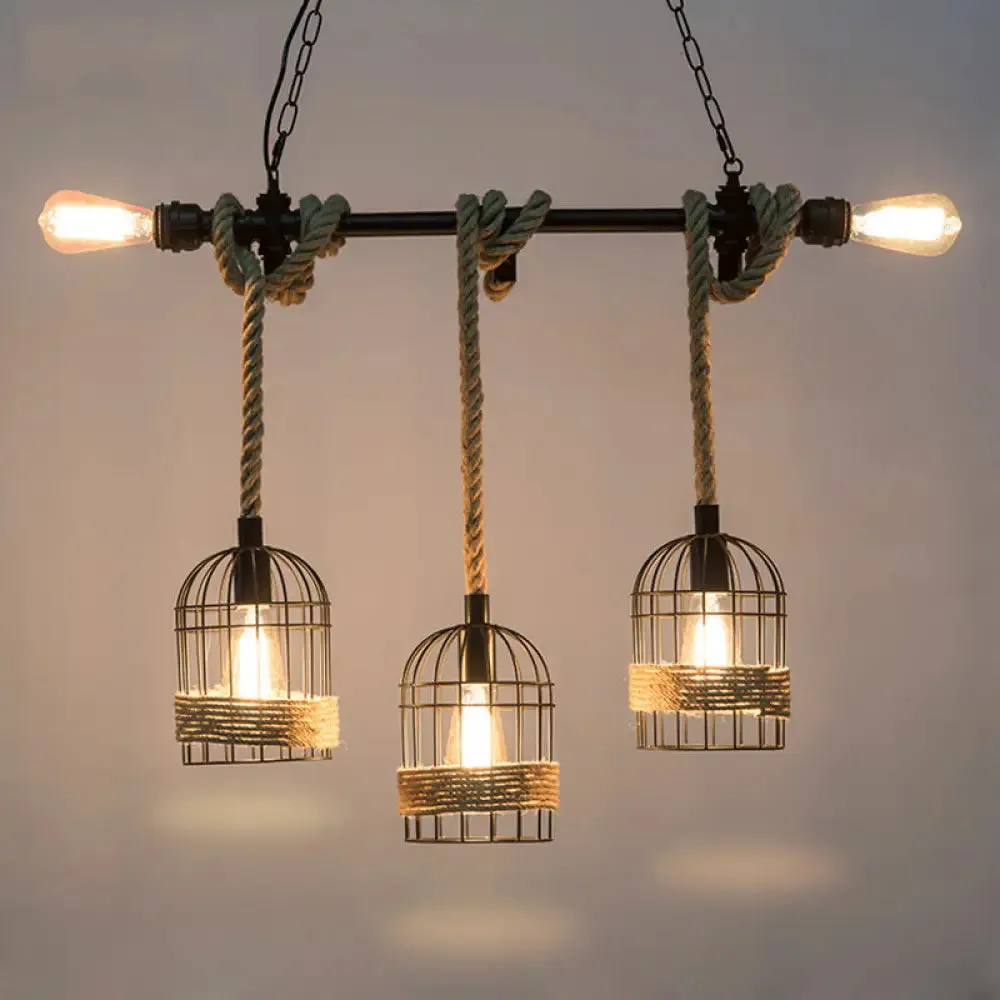 Rustic 5-Light Black Birdcage Island Pendant for Dining Rooms