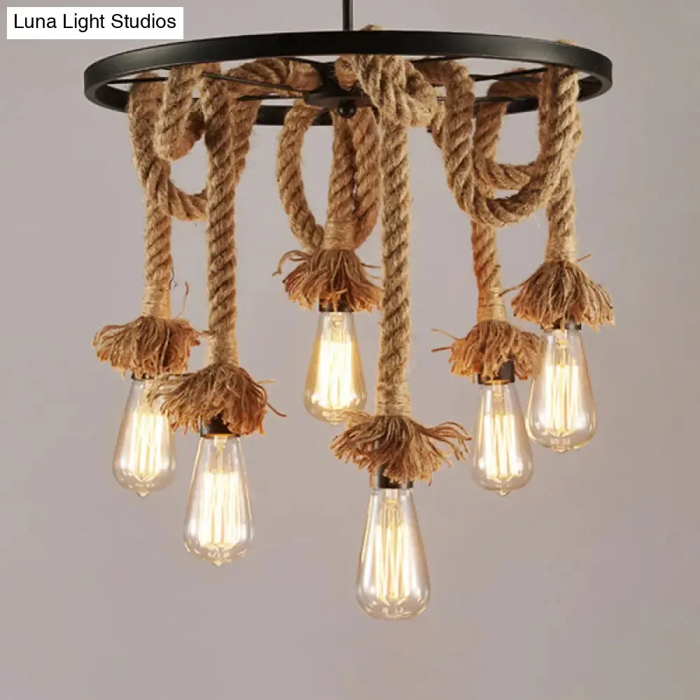 Rustic 6-Light Chandelier with Brown Open Bulb Design - Restaurant Hanging Lamp