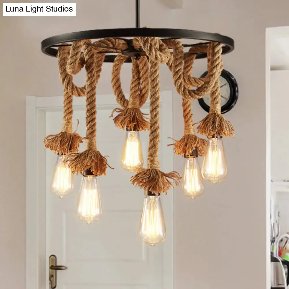 Rustic 6-Light Chandelier with Brown Open Bulb Design - Restaurant Hanging Lamp