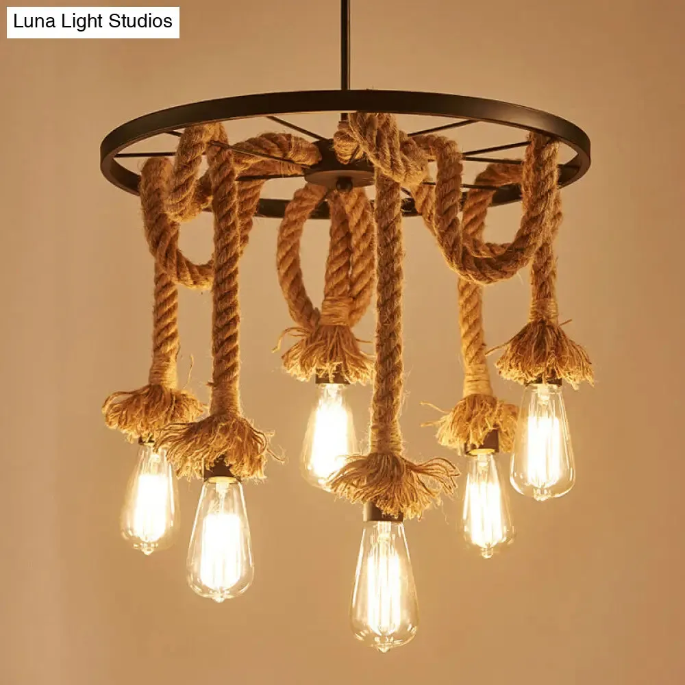 Rustic 6-Light Chandelier with Brown Open Bulb Design - Restaurant Hanging Lamp