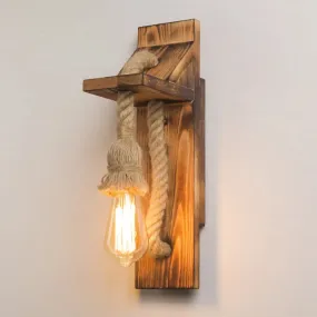 Rustic American Wooden Wall Sconce with Natural Rope Light for Restaurants & Coffee Shops