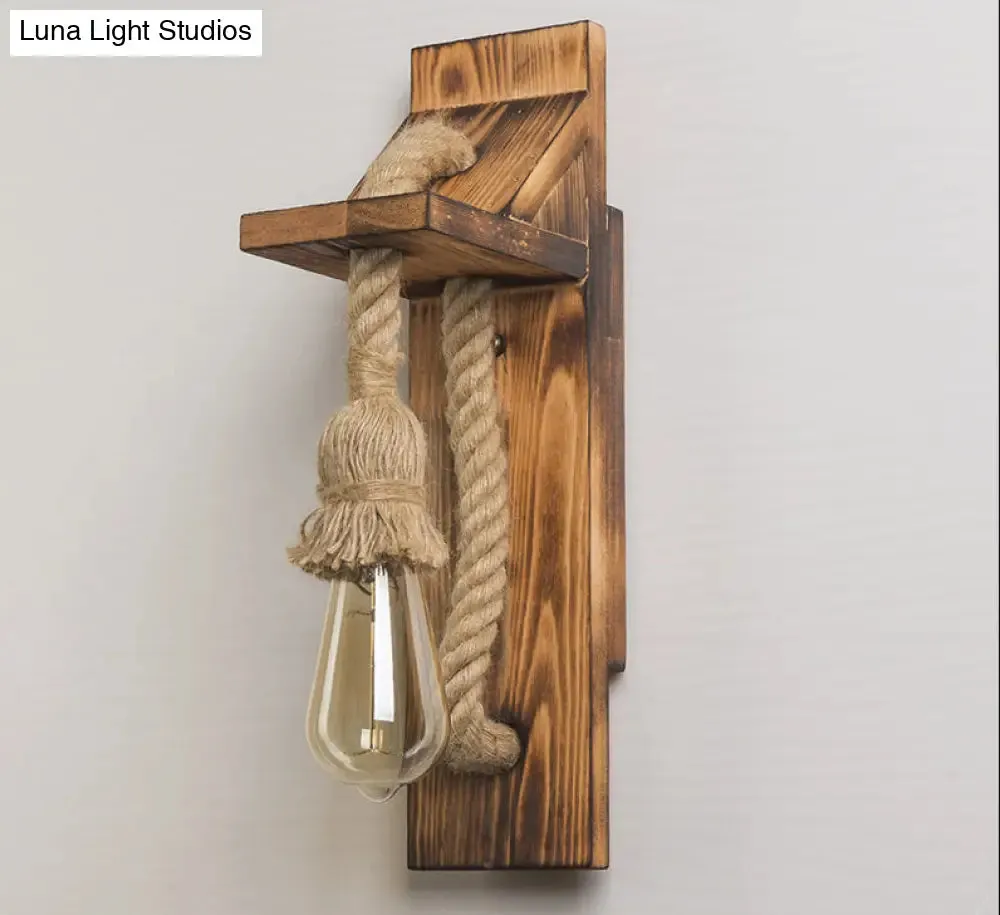 Rustic American Wooden Wall Sconce with Natural Rope Light for Restaurants & Coffee Shops