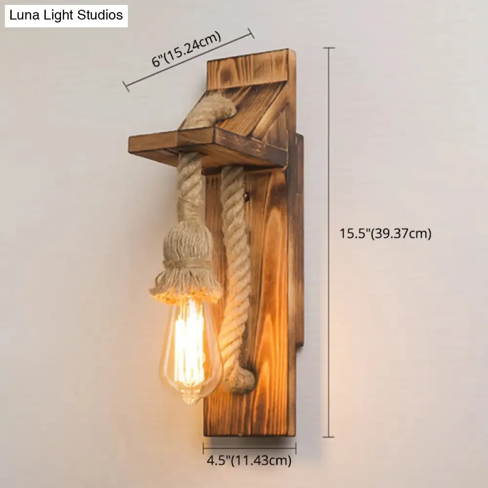 Rustic American Wooden Wall Sconce with Natural Rope Light for Restaurants & Coffee Shops