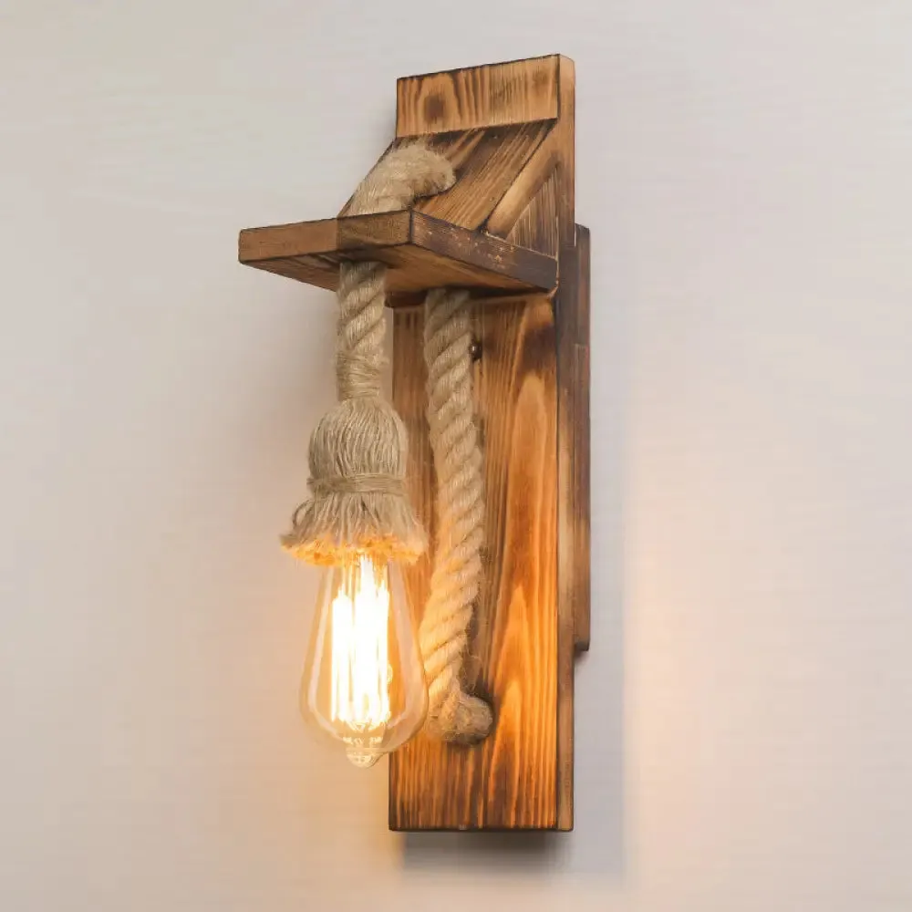 Rustic American Wooden Wall Sconce with Natural Rope Light for Restaurants & Coffee Shops