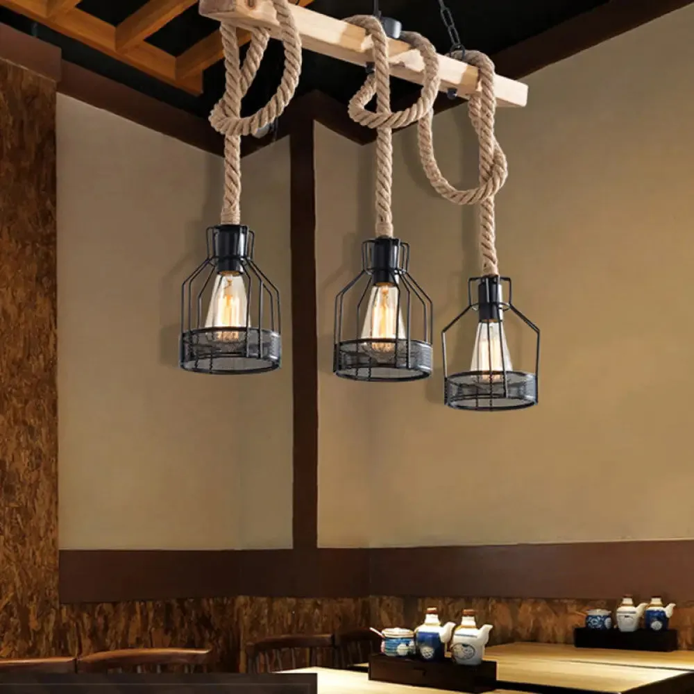 Rustic Hemp Rope Chandelier - Retro Industrial Pendant with Wire Cage for Restaurants