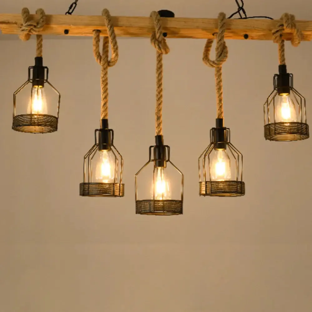 Rustic Hemp Rope Chandelier - Retro Industrial Pendant with Wire Cage for Restaurants