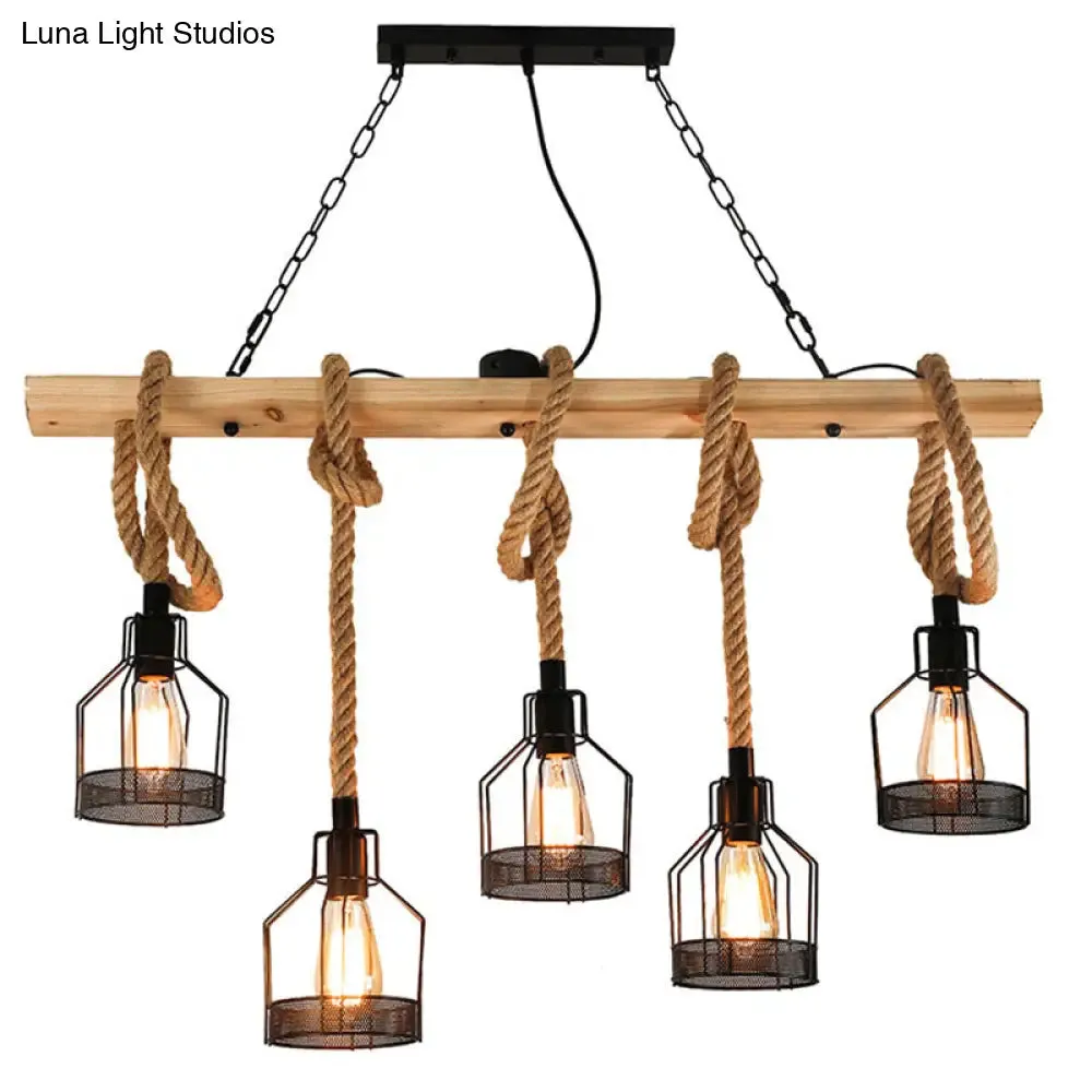 Rustic Hemp Rope Chandelier - Retro Industrial Pendant with Wire Cage for Restaurants