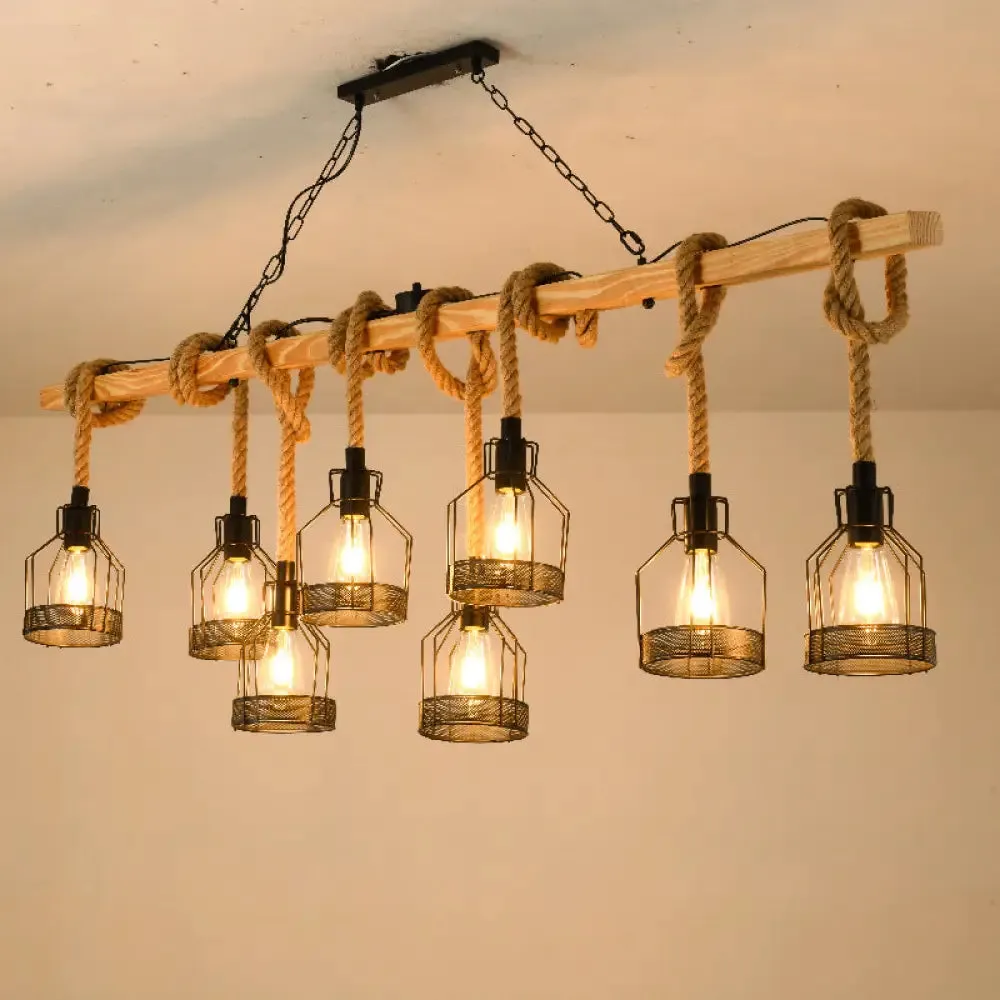 Rustic Hemp Rope Chandelier - Retro Industrial Pendant with Wire Cage for Restaurants