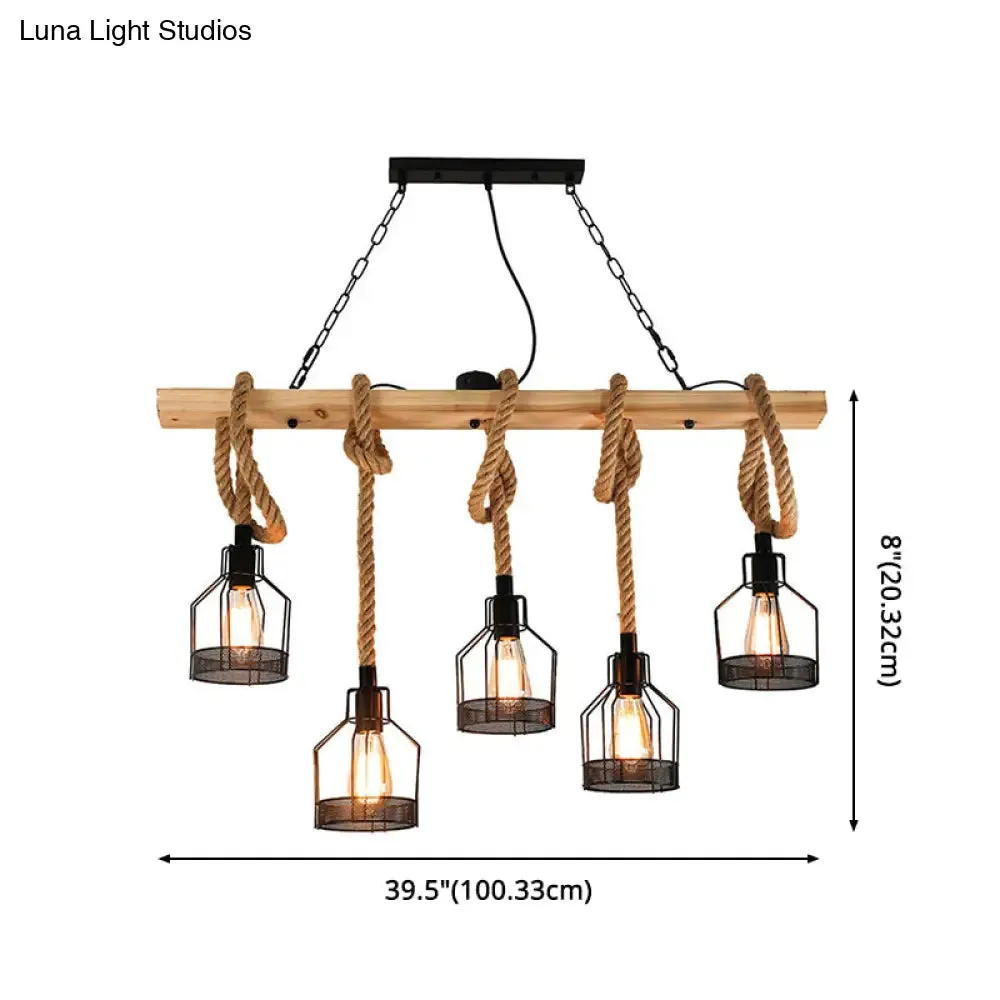 Rustic Hemp Rope Chandelier - Retro Industrial Pendant with Wire Cage for Restaurants