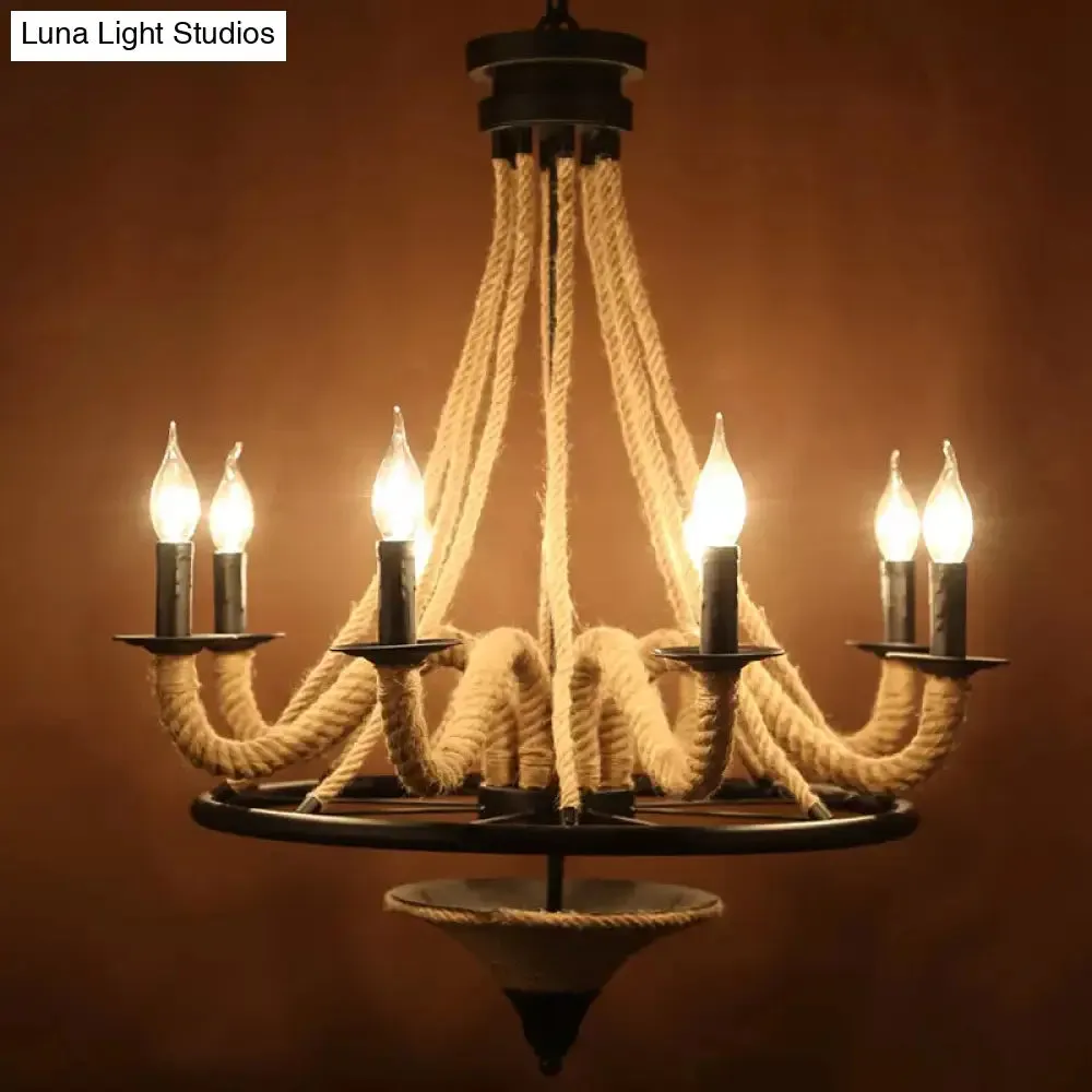 Rustic Jute Rope Wrapped 8-Light Candelabra Chandelier - Cottage Brown Hanging Light Fixture