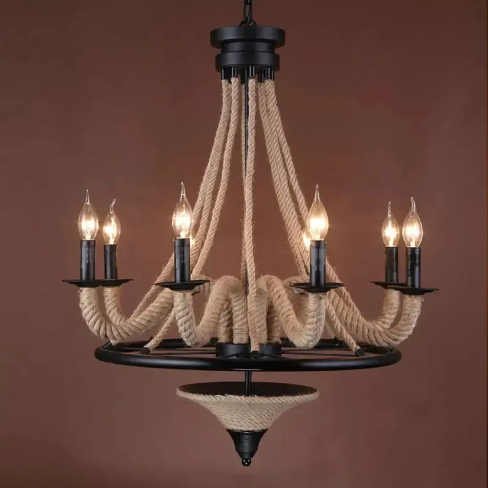 Rustic Jute Rope Wrapped 8-Light Candelabra Chandelier - Cottage Brown Hanging Light Fixture