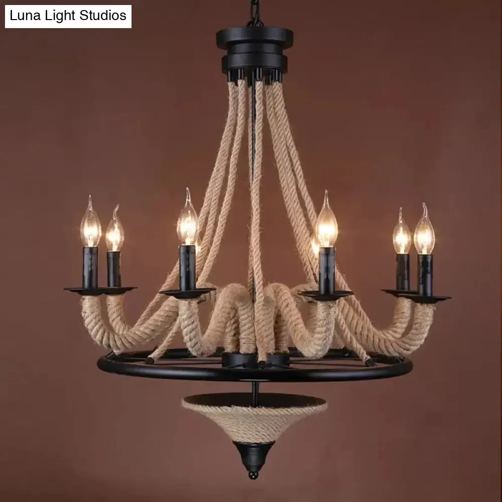 Rustic Jute Rope Wrapped 8-Light Candelabra Chandelier - Cottage Brown Hanging Light Fixture