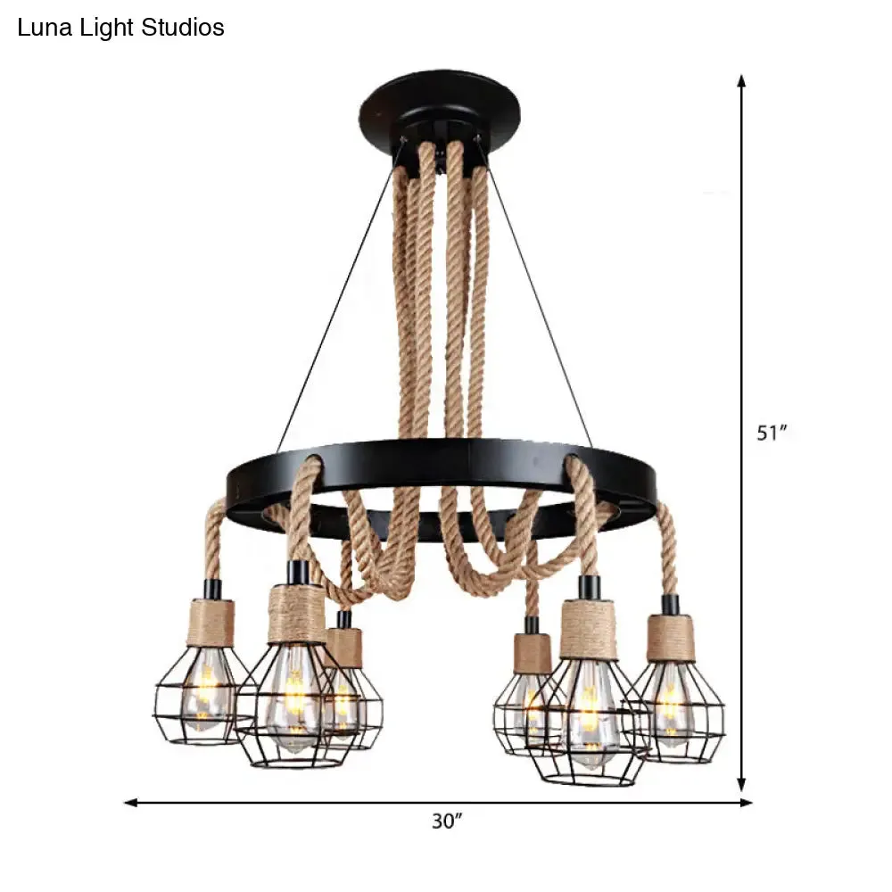 Rustic Metal and Rope Chandelier: Globe Pendant Lighting for Dining Room (6/8 Light) in Black with Ring