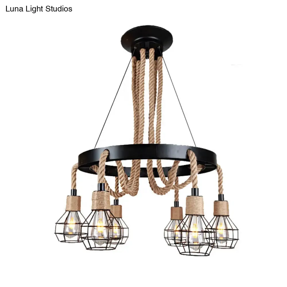 Rustic Metal and Rope Chandelier: Globe Pendant Lighting for Dining Room (6/8 Light) in Black with Ring