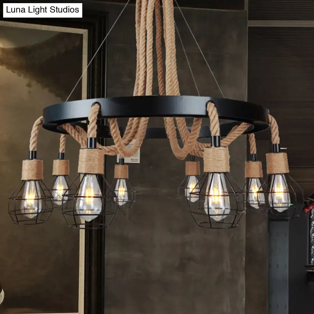 Rustic Metal and Rope Chandelier: Globe Pendant Lighting for Dining Room (6/8 Light) in Black with Ring