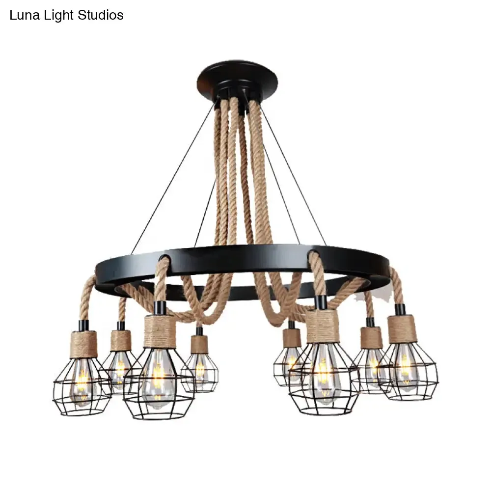 Rustic Metal and Rope Chandelier: Globe Pendant Lighting for Dining Room (6/8 Light) in Black with Ring