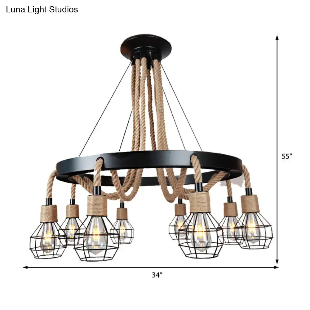 Rustic Metal and Rope Chandelier: Globe Pendant Lighting for Dining Room (6/8 Light) in Black with Ring