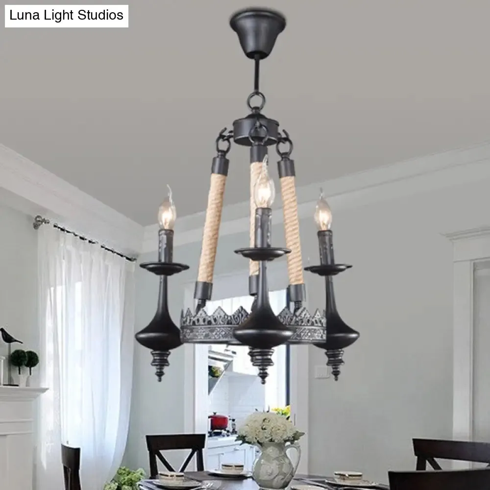 Rustic Metal and Rope Pendant Chandelier with 3/6/8 Lights - Black Candle Dining Room Hanging Ceiling Fixture