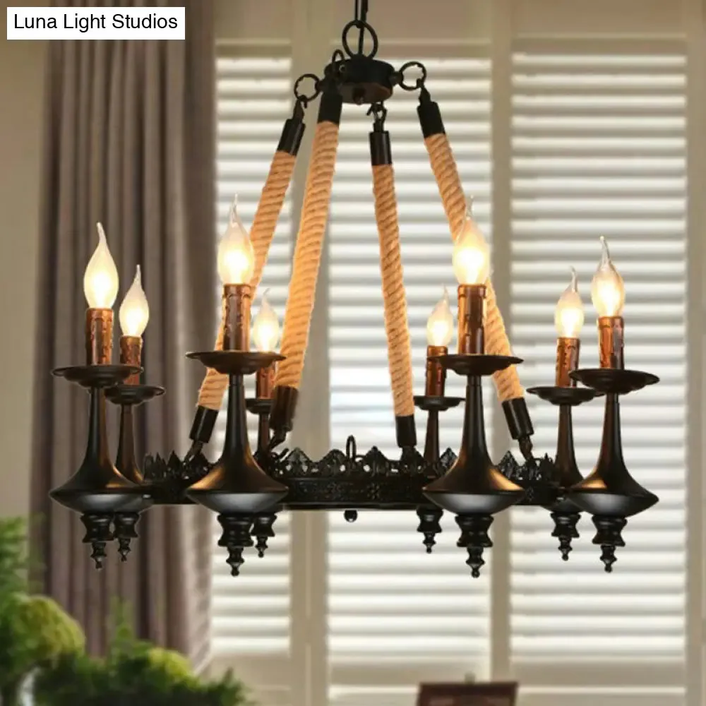 Rustic Metal and Rope Pendant Chandelier with 3/6/8 Lights - Black Candle Dining Room Hanging Ceiling Fixture