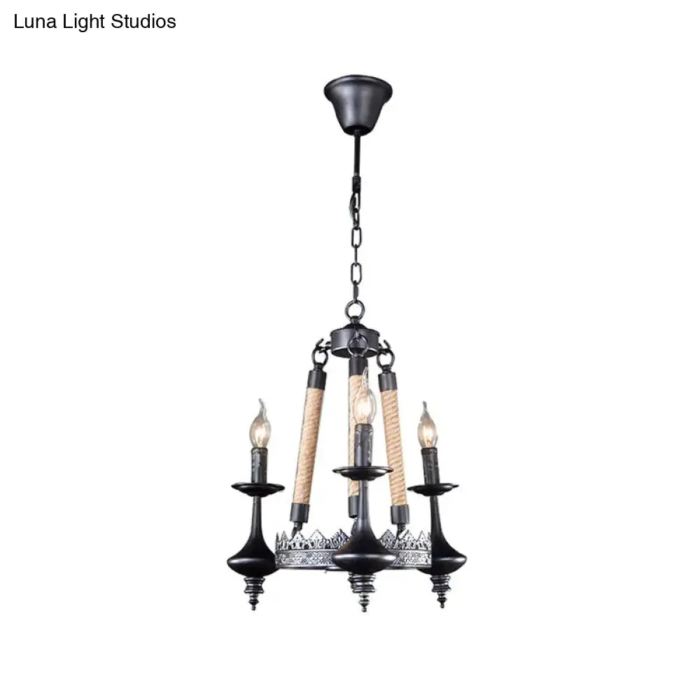 Rustic Metal and Rope Pendant Chandelier with 3/6/8 Lights - Black Candle Dining Room Hanging Ceiling Fixture