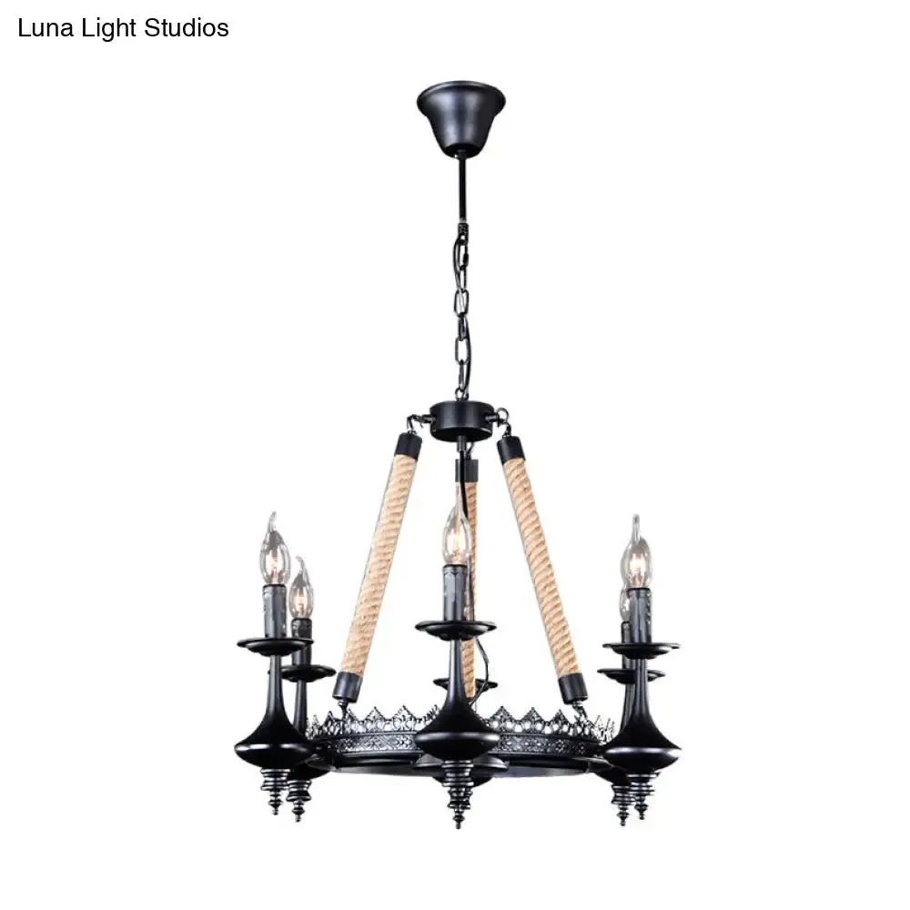 Rustic Metal and Rope Pendant Chandelier with 3/6/8 Lights - Black Candle Dining Room Hanging Ceiling Fixture