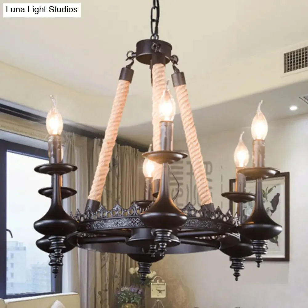 Rustic Metal and Rope Pendant Chandelier with 3/6/8 Lights - Black Candle Dining Room Hanging Ceiling Fixture